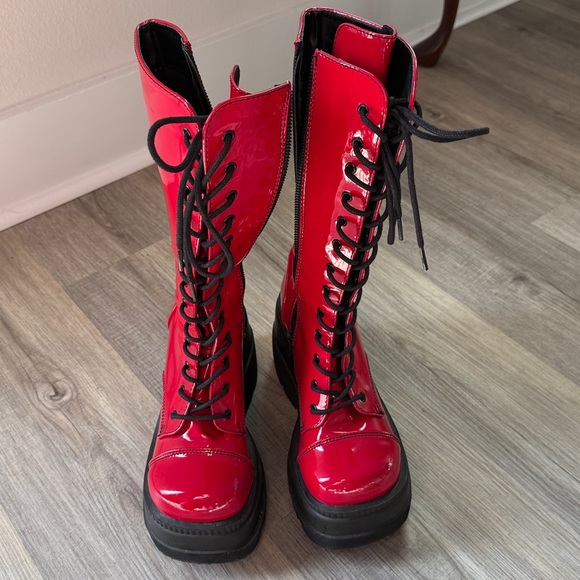 Demonia Shoes - Demonia Shiny Red Lace-Up Platform Boots